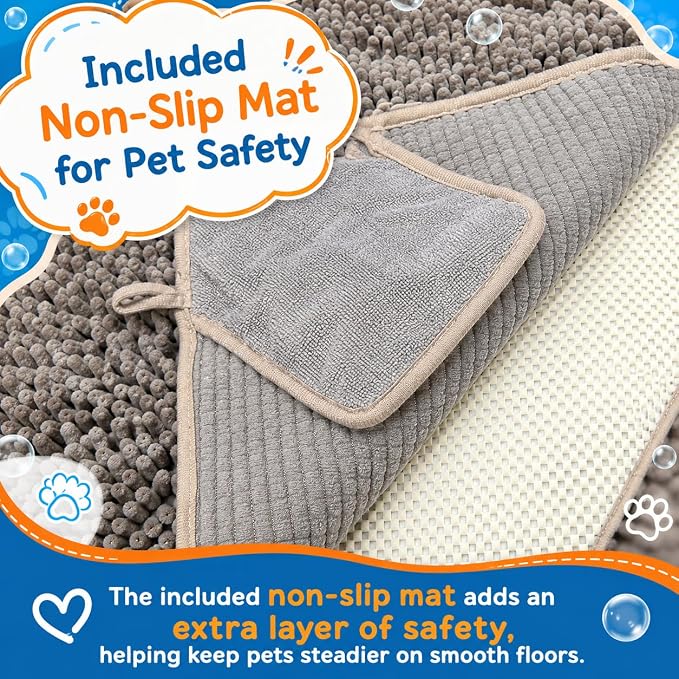 Pet 2-in-1 Dog Towel & Mat – Transforms from Drying to Bath Mat, Ultra Soft, Absorbent & Quick-Drying, Machine Washable Dog Towels with Detachable Non-Slip Mat and Hand Pockets (Small)