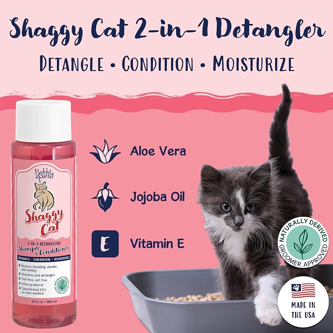 Bobbi Panter 2-in-1 Cat Shampoo & Conditioner – Detangling Natural Formula Reduces Shedding & Matting, Softens Coat, Tear-Free, 10:1 Concentrate, Made in USA, 13 oz