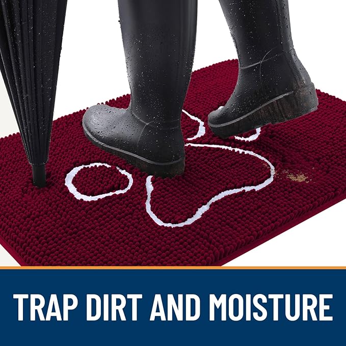OLANLY Dog Door Mat for Muddy Paws 54x32, Paw Print Design, Absorbs Moisture and Dirt, Absorbent Non-Slip Washable Doormat, Quick Dry Chenille Mud Mat for Dogs, Entry Indoor Entryway Carpet, Burgundy