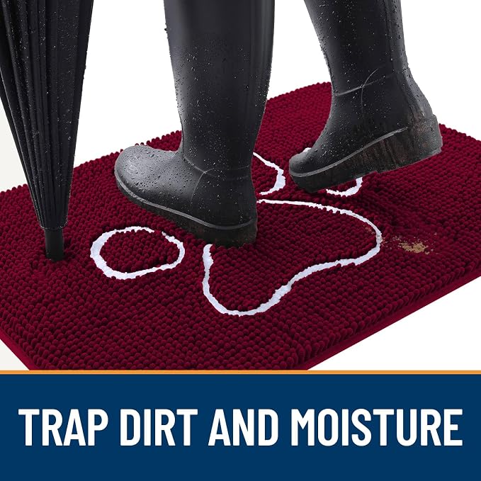 OLANLY Dog Door Mat for Muddy Paws 47x17, Paw Print Design, Absorbs Moisture and Dirt, Absorbent Non-Slip Washable Doormat, Quick Dry Chenille Mud Mat for Dogs, Entry Indoor Entryway Carpet, Burgundy