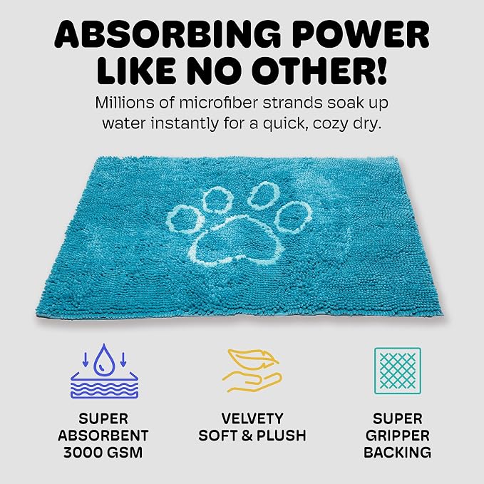 Dog Gone Smart Dirty Dog Doormat - Fast Drying Rug with Super Gripper Backing for Clean Floors - Super Absorbent and Machine Washable Mat for Muddy Paws - Aqua