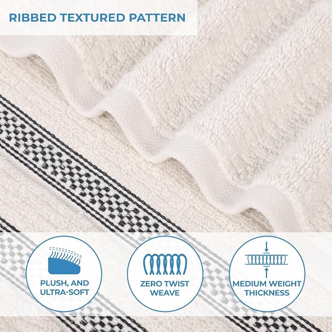 Superior Cotton 3-Piece Towel Set, Zero Twist, Ribbed Geometric, Bathroom Essentials, Shower, Spa, Luxury Plush Soft Absorbent Towels, Includes 1 Bath, 1 Hand, 1 Washcloth/Face Towel, Stone
