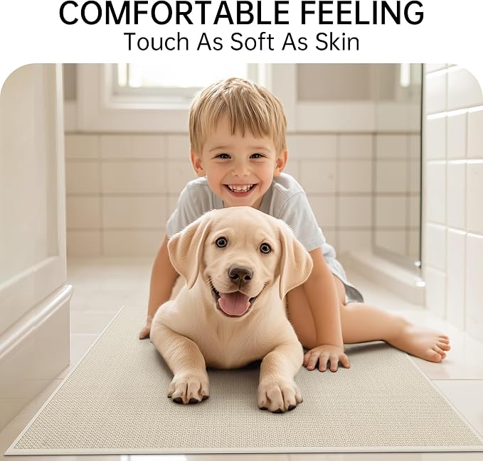 Mecko Bath Mat, Ultra Absorbent Quick Dry Bathroom Floor Mats-Upgraded Thin Cozy Cloth Bathroom Mat Fit Under Door, Rubber Non-Slip Bathroom Rug for Bathtub, Sink, Shower Room(Oatmeal,24"x36")