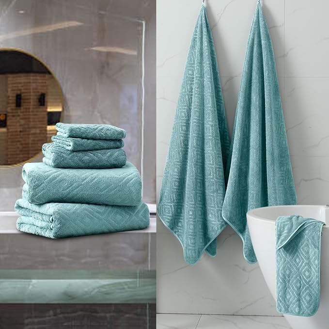 Smuge 18-Piece Bath Towel Set, Include 6 Bath Towel Sheets, 6 Hand Towels and 6 Washcloths - Highly Absorbent Quick Dry 100% Microfiber,Ultra Soft Bathroom Towel Set (Green Pine)