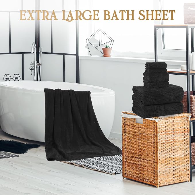 Peryiter 6 Pcs Bath Towel Set Oversized Bath Sheet Super Soft Microfiber Bathroom Sheets for Adults Quick Dry Highly Absorbent Shower Towel Sets for Bathroom Dorm Spa Gym Hotel Yoga(Black)