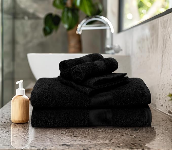 COTTON CRAFT 8 Piece Towel Set - 100% Cotton Plush 500 GSM Bathroom Towels - Soft Super Absorbent Quick Dry - Luxurious Border - 2 Bath, 2 Hand, 4 Washcloth - Black
