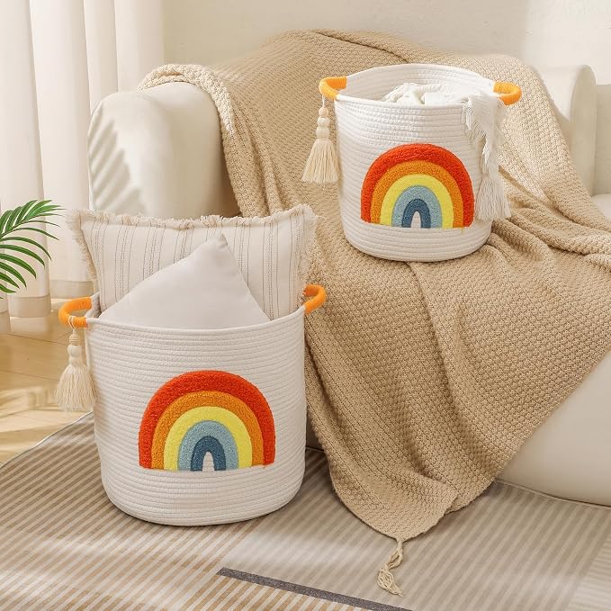 Toy Storage Baskets Woven Cotton Rope Storage Basket Kids Blanket Baskets for Living Room, Toys Organizer with Embroidery Colorful Rainbow Decor, Baby Basket for Laundry Nursery (Boho Rainbow)