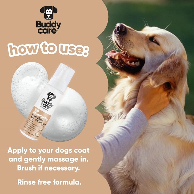 Buddycare 2in1 Conditioning Waterless Dry Dog Shampoo – No Rinse Quick Clean Foam, with Aloe & Pro Vitamin B5, Nourishing Coat & Skin Care, Travel Friendly, SLS & Paraben Free, Vegan Pet Grooming