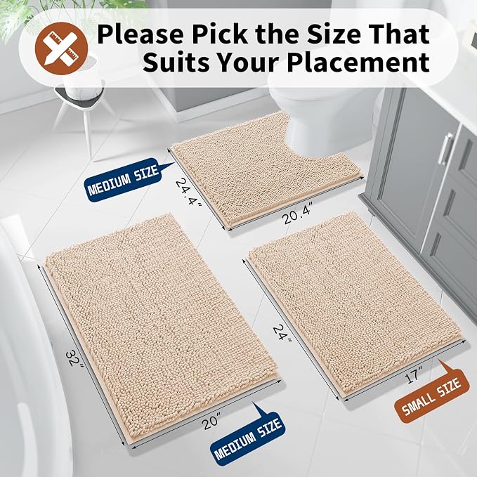 Yimobra Toilet Rugs U Shaped Washable - 24"x20" Non Slip Plush Contour Bath Rugs for Toilet - Super Soft Absorbent Quick Dry Toilet Mats for Bathroom,Beige