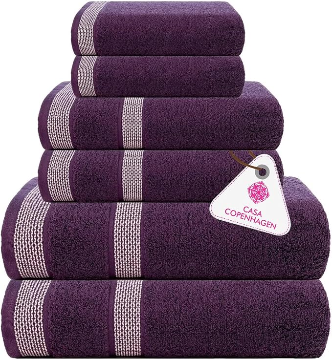 CASA COPENHAGEN Solitaire 6Pcs 100% Egyptian Cotton Large Designer Towels Gift Set- Dark Purple, 600GSM, 2Bath 2Hand 2Washcloths, Bath Towels for Bathroom Set for Women & Men