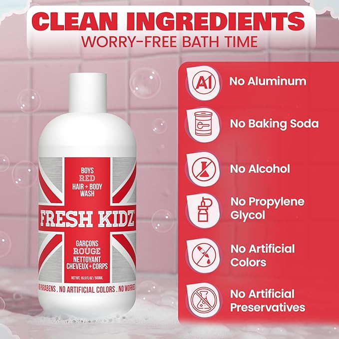 Fresh Kidz Hair & Body Wash 16.9 fl.oz. and Stick Deodorant 2.65 oz for Kids and Teens - Boys Red Set