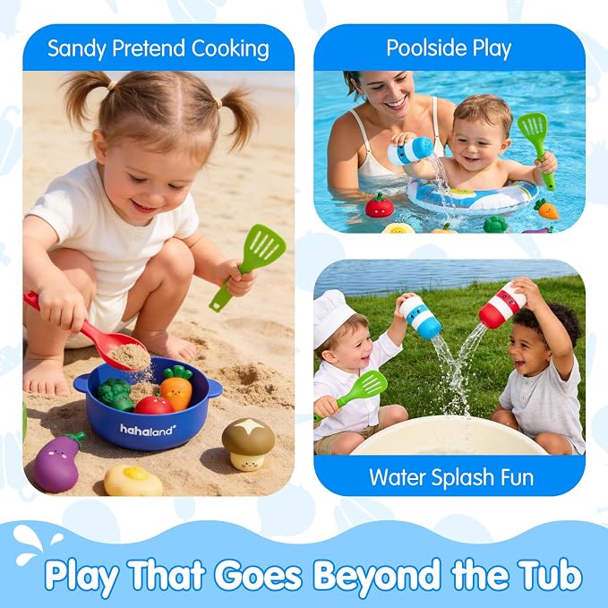 hahaland Color Changing Bath Toys for Toddlers 1-3, Bath Soup Kitchen Playset for 12M+, No-Hole Mold-Free Bathtub Toy for 1 Year Old, Pretend Cooking Set with 15 PCS Veggies, Pot, Spoon, Mesh Bag