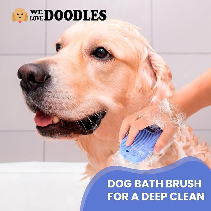 Bath Brush for Pet Grooming & Massage - Rubber Scrubbing Brush for Showers, Ideal for Long & Short Haired Dogs and Cats, Essential Puppy Accessory, Long Pins [We Love Doodles]
