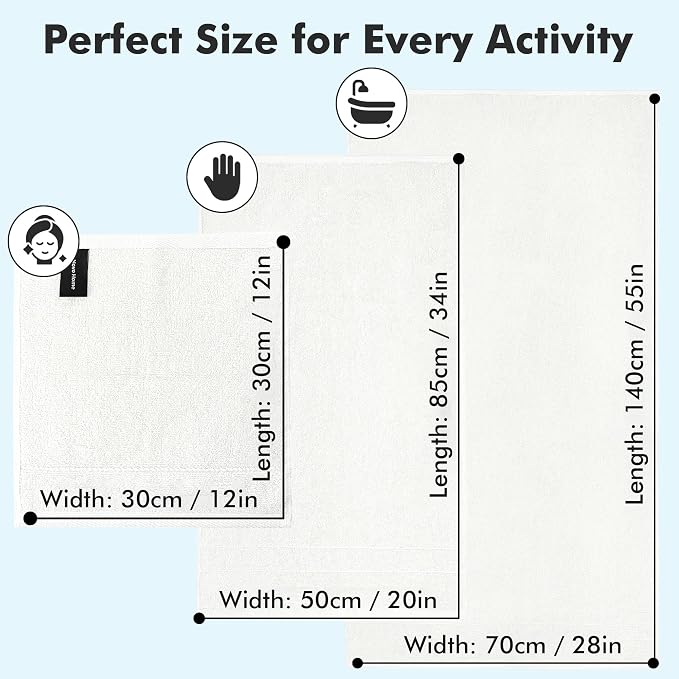 Bath Towels Set of 8 – 100% Ring Spun Cotton (White) Bathroom Towel Set Bale Includes 2 Bath, 2 Hand, 4 Face Towels – 550 GSM Soft, Absorbent & Quick Dry Towel for Bathroom, Spa, Kitchen, Hotel Use