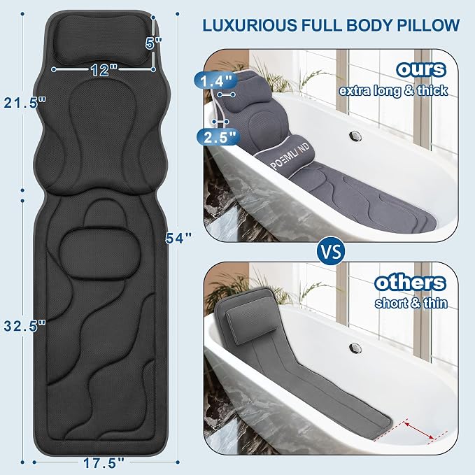 Poemland Luxury Full Body Bath Pillows for Tub-Extra Thick Bathtub Cushion with Lumbar Pillow for Neck and Back Support, Bath Accessories, Gift for Relaxing, Soaking, Spa