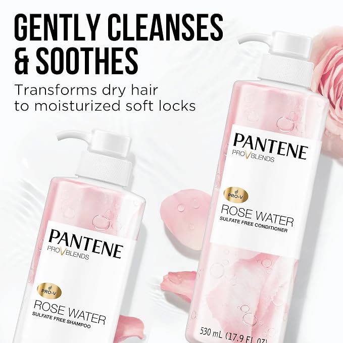 Pantene Sulfate Free Shampoo and Conditioner Set, Rose Water, Soothing and Moisturizing, Infused with Vitamin B5, for all Hair Types, Safe for Color Treated Hair, Pro-V Blend, 17.9 Fl Oz Each, 2 Pack