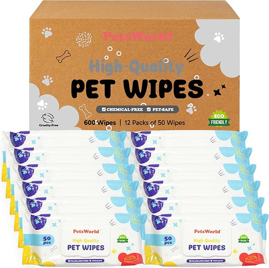 PETSWORLD 3-in-1 Pet Wipes | Hypoallergenic, Unscented & Biodegradable Grooming Wipes for Body, Paws & Butt | Thick, Durable, Daily Use Pet Cleaning Wipes (600 Count)