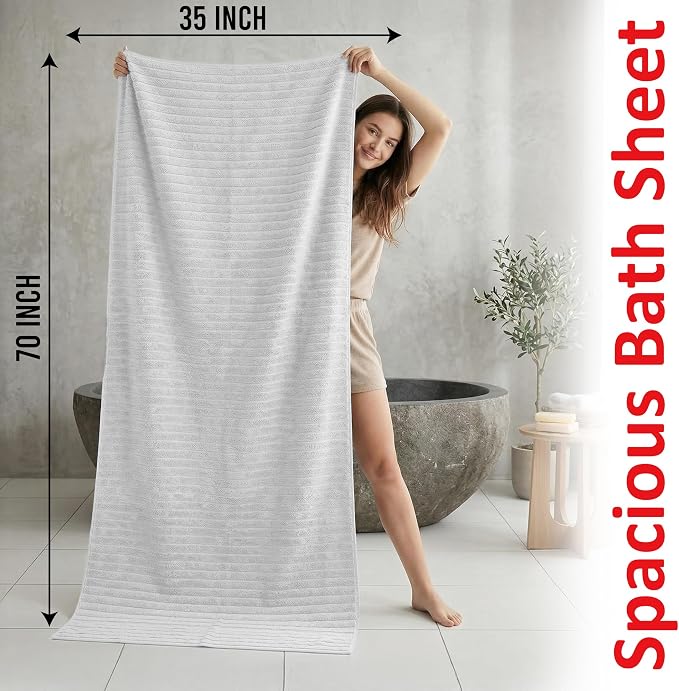 RIVERSIDE Pack of 2 Extra Large Bath Sheet Towels, 35 x 70 Inches, 600 GSM, Ribbed Stripe, 100% Cotton - Super Soft, Highly Absorbent & Quick Dry for Bathroom, Spa & Hotel, White