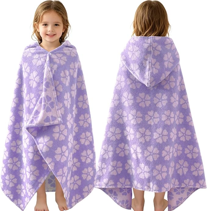 VOOVA & MOVAS Kids Hooded Beach Towel,(3-6 Years),100% Cotton,Absorbent Quick Dry Lightweight Hooded Towel for Pool | Swim | Beach | Bath, Girls Wrap Towel with Hood, Jacquard Purple Flower
