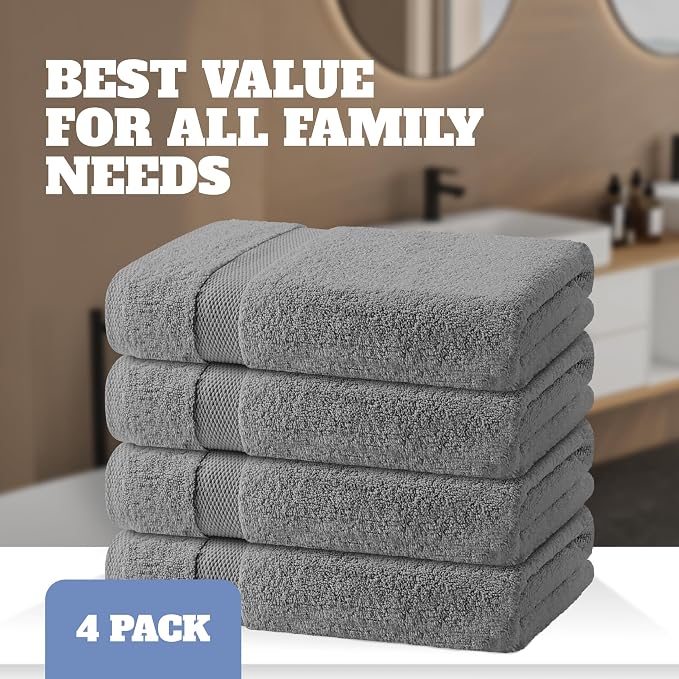 White Classic Light Gray Bath Towels 27x54 Inch, Cotton Towel Set for Bathroom, Hotel, Gym, Spa, Soft Extra Absorbent Quick Dry 4 Pack
