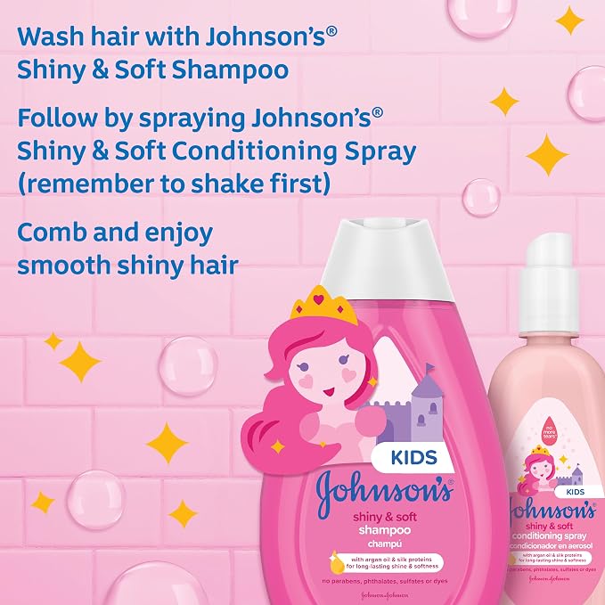 Bundle of Johnson's Kids Shiny & Soft Tear-Free Kids' Shampoo with Argan Oil & Silk Proteins, Hypoallergenic, Sulfate-Free, 13.6 fl. oz + Conditioning Spray for Toddler Haircare, 10 fl. oz
