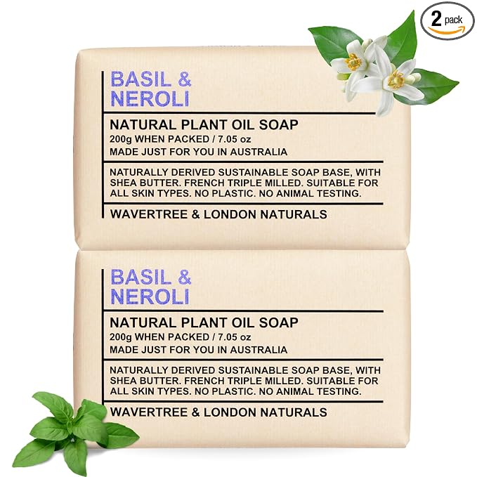 Wavertree & London Basil & Neroli Scented Natural Soap Bars (2 Bars), 7oz Moisturizing French Triple Milled Soap enriched with shea butter - Plant Oil Bath & Body Soap Bars [100% Naturally derived]