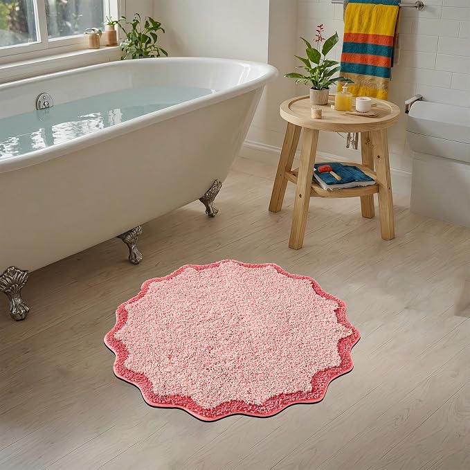 ORTIGIA Cute Pink Scalloped Bath Mat, Quick Dry Bath Rug Absorbent Soft Plush Microfiber Bathmat for Bathroom Floor Carpet for Sink Bedroom, 24x24