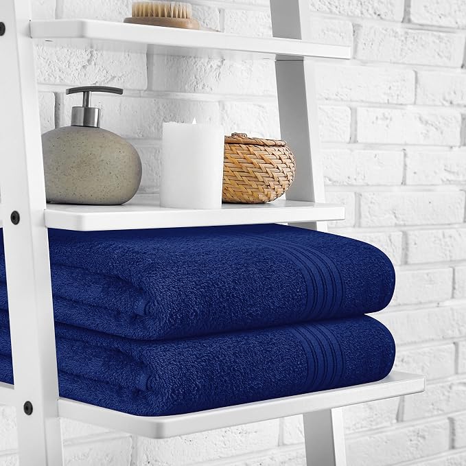 BOUTIQUO 100% Cotton 2 Pack Bath Towel Set 28x55, Eco-Friendly Large Bath Towels, Compact Quickdry Lightweight Soft & Highly Absorbent Bath Towel, Ideal for Everyday Gym Travel Camp Pool - Navy Blue