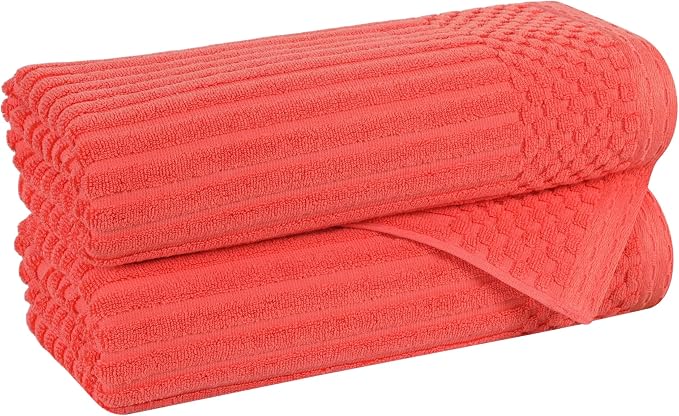 Superior Cotton 2-Piece Solid and Ribbed Bath Towel Set, Bath Towels- 27" x 54", Coral