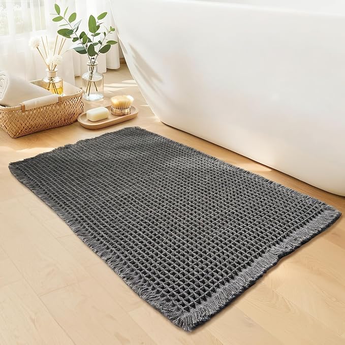 Waffle Bath Mat - Boho Bathroom Rugs Non Slip Washable, Super Absorbent & Quick Dry, Small Bath Mats Farmhouse Bathroom Decor, 18'' x 30'', Dark Grey
