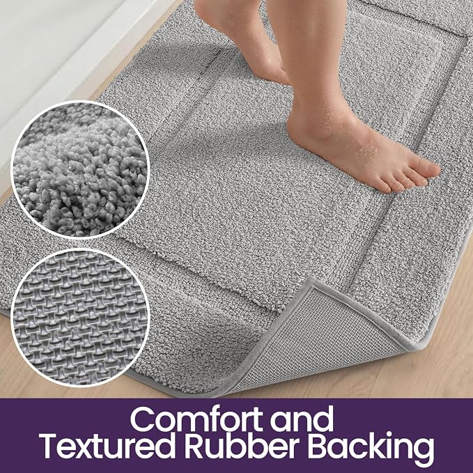 DEXI Bathroom Rugs 43x24, Washable Non Slip Bath Mat for Shower Floor, Absorbent Quick Dry Bathmat with Rubber Backing, Ultra Soft Plush Carpet for Tub, Light Grey