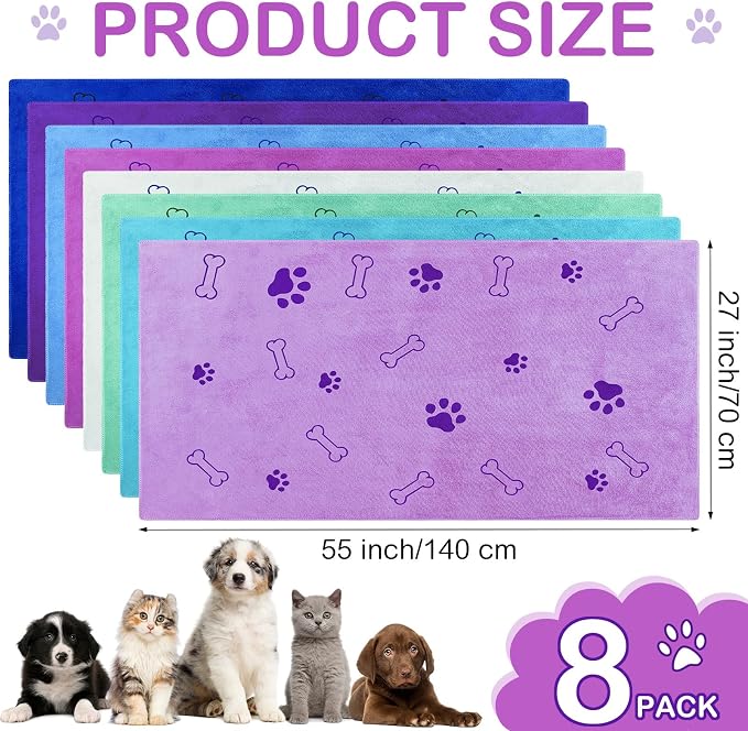 Chumia 8 Pcs Microfiber Dog Towels for Drying Dogs Cats 55 x 28 Inch Pet Towels Bulk for X-Large Puppy Absorbent Fast Drying Paw Bath Bathing Supplies for Pets(Dog Paw and Bone,Classic Color)