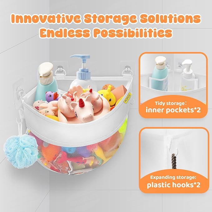 Bath Toy Storage Corner Wall Mounted, 4.32 Gallons Bath Toy Holder, Bottom Zipper Mesh Bathtub Toys Storage Organizer Bag, Quick Access Baby Shower Caddy Quick Dry Bathtub Toys Holder Accessory