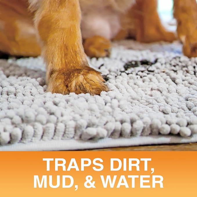 Neater Pets Muddy Paws Dog Door Mat 24” x 17” – Super Absorbent & Quick-Dry Chenille Doormat for Trapping Dirt, Water, Mud - Non-Slip & Machine Washable Pet Rugs for Entryway, Indoor Mud Mats, Gray
