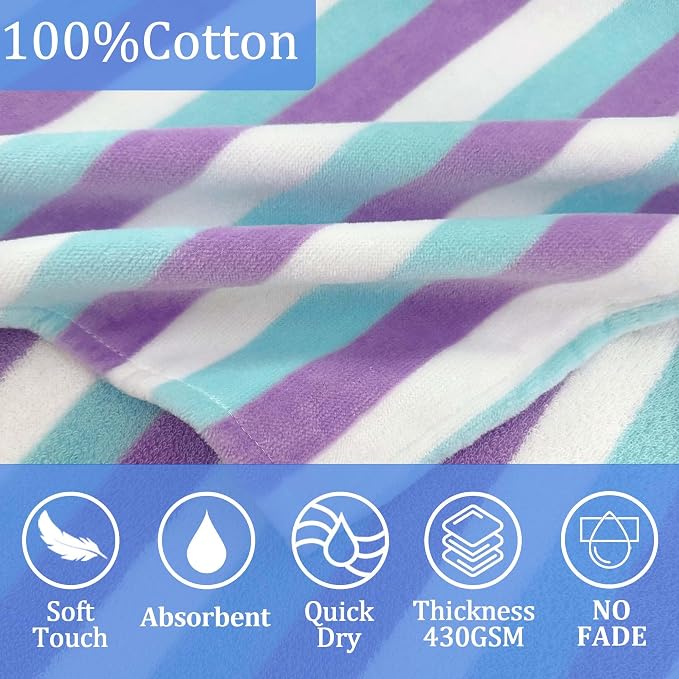 VOOVA & MOVAS Kids Hooded Bath Towels(3-6Years),Absorbent Quick Dry Lightweight Hooded Cotton Towel for Pool | Swim | Beach | Bath, Boys Wrap Towel with Hood, Aqua Purple Stripe