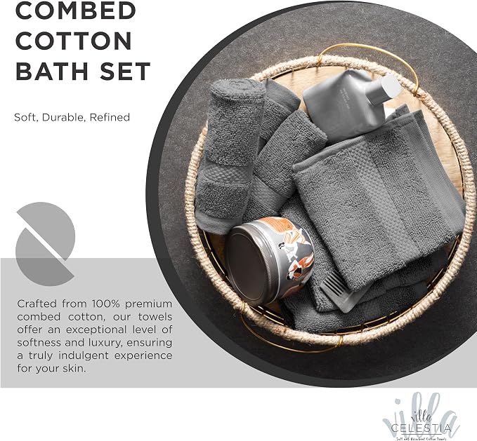 12-Piece 100% Cotton Towel Set, 4 Bath Towels, 4 Hand Towels, 4 Wash Cloth, Quick-Dry, Grey