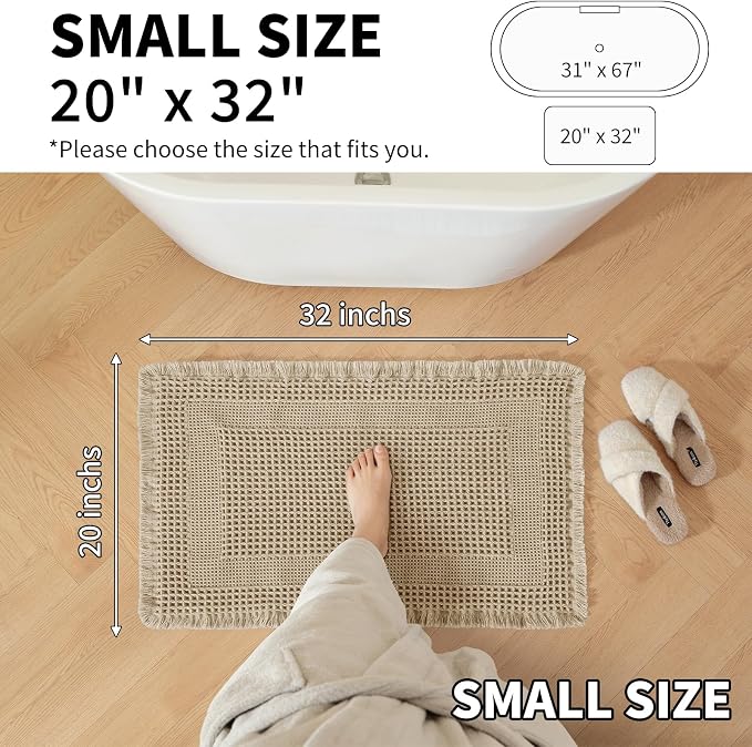 Waffle Bath Mat - Super Water Absorbing Bath Mat Quick Dry, Bathroom Rugs Non Slip Washable with Tassels, Rubber Backed Bathroom Mat for Bathroom Floor, Tub and Shower, 20" x 32", Brown
