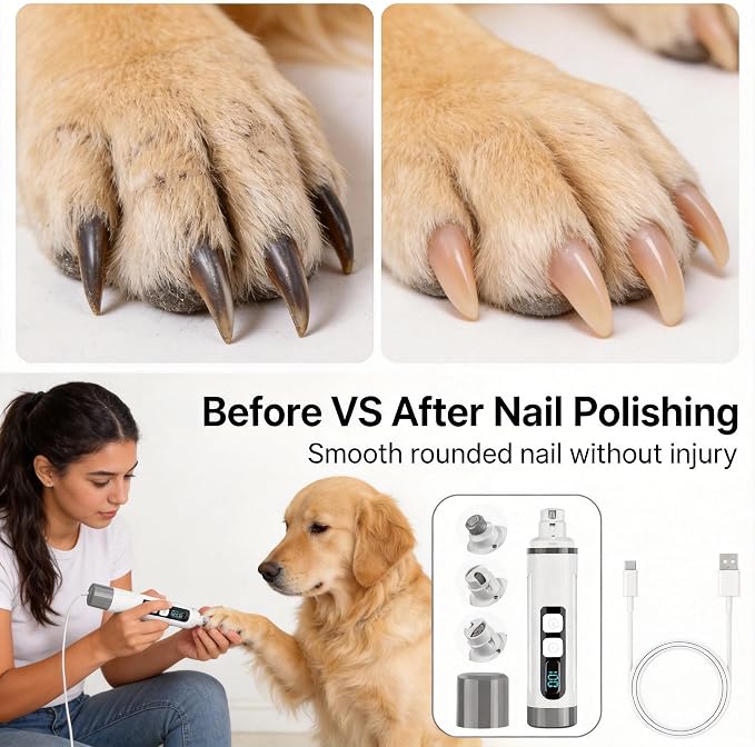 Dog Nail Grinder Quiet- 3-Speed Dog & Cat Nail Grinder with LED Light & Battery Display & Upgrade Grinding Head - Painless Nail Trimmer Dogs, Thick Nails, and Sensitive Paws | Dog Nail Grinder Quiet- 3-Speed、LED Light & Battery Display 、Upgrade Grindin...