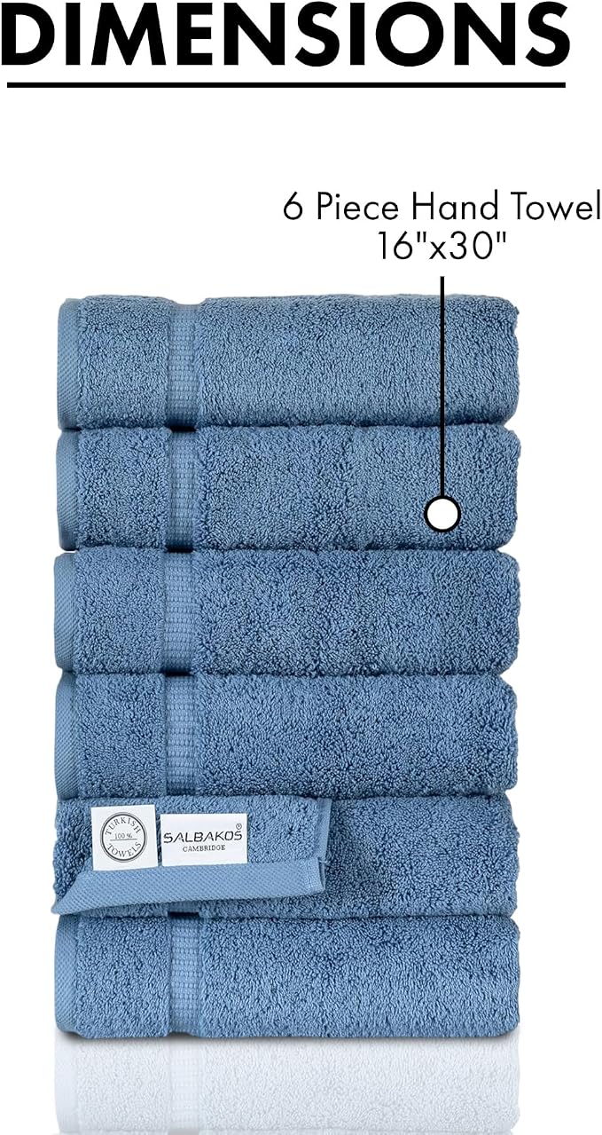 SALBAKOS 100% Turkish Cotton Hand Towels Set 6-Piece Blue 16x30 in | Luxury Premium Quality Thick Super Absorbent Turkish Hand Towel for Bathroom & Kitchen | Made in Turkey (Blue, 6 Hand Towels)
