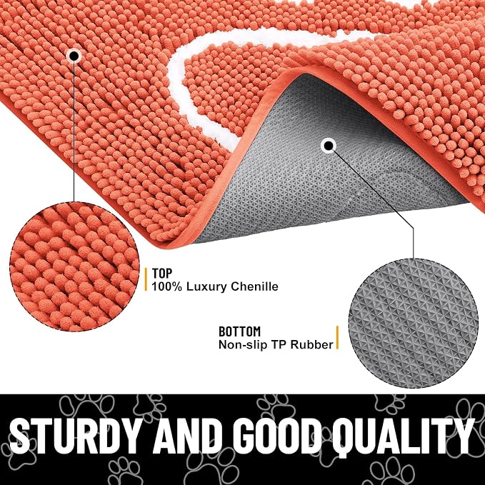 Smiry Dog Door Mat for Muddy Paws, Absorbent Dirt Trapper Non Slip Quick Dry Washable Chenille Mat for Mud Dogs, Entry Rug for Indoor and Outdoor (36x24 Inches, Coral and White)
