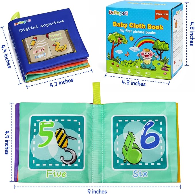 Dr.Rapeti Soft Cloth Books Baby Books Bath Books 6-Pack for Baby Infant Toddler Kids Crinkle Squeaky Washable Chewable Non-Toxic Early Educational Giftable