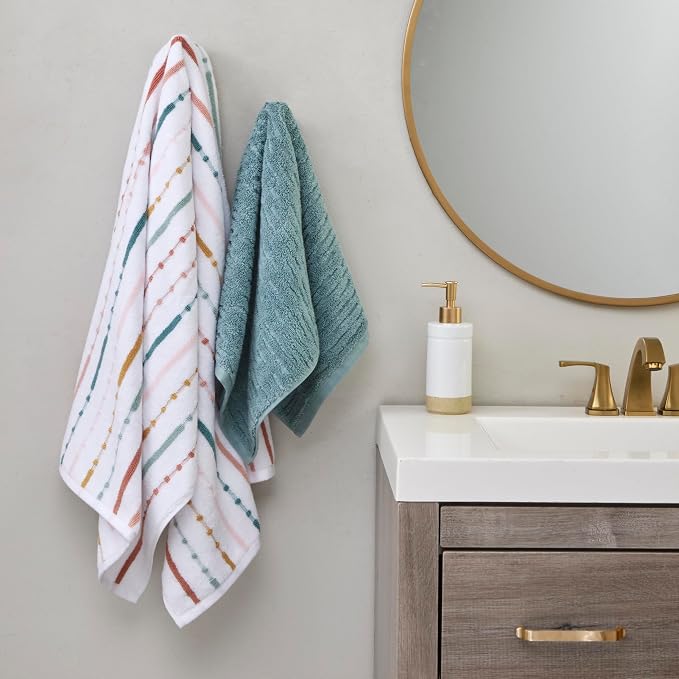 SKL Home CloudSoft/Modesto Stripe 100% Cotton Luxury 6-Piece Towel Set - 600 GSM, Ultra Plush & Absorbent, Reversible - 2 Bath Towels, 2 Hand Towels, 2 Washcloths, Teal/Multi