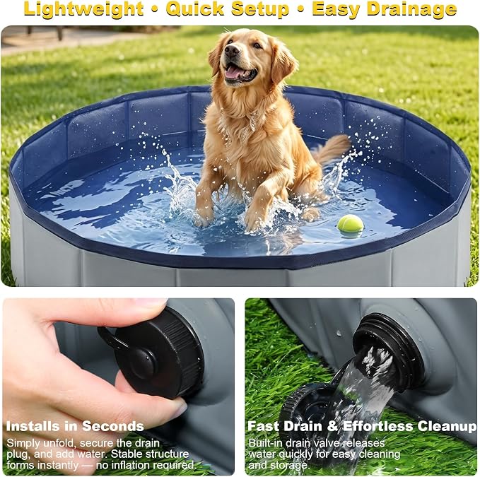 Eooqi Foldable Dog Pool, Collapsible Pet Bath Tub & Kiddie Wading Pool, Portable Hard-Side Dog Swimming Pool for Puppies, Small & Medium Dogs, Cats and Kids (Gray, 48"-L)
