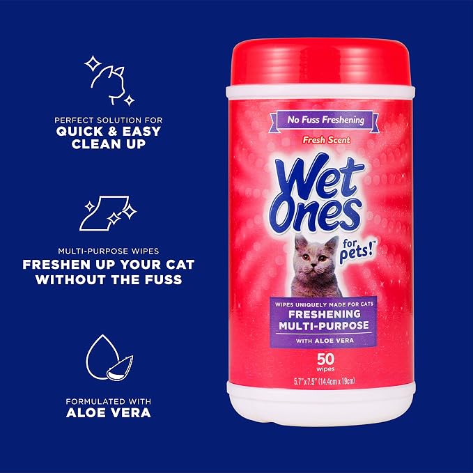 Wet Ones for Pets Freshening Multipurpose Wipes for Cats with Aloe Vera, Fresh Scent - Easy to Use Cat Cleaning Wipes for Pet Grooming in Canister, 50 Count - 3 Pack