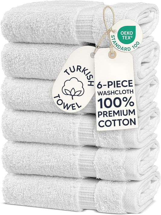 Chakir Turkish Linens 6 Piece Washcloth Set, 100% Cotton Turkish Washcloths for Bathroom, Luxury Soft Absorbent Face Towels, 13 x 13 Inches, White