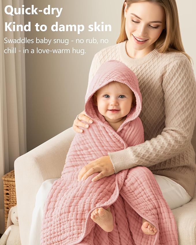 Baby Girl Bath Towels, 100% Muslin Cotton Hooded Baby Towels for Newborn, 2 Pack Baby Towels with Hood for Infant Toddler and Kids, Large 32x32Inch Essentials, Soft and Absorbent Pink Flower