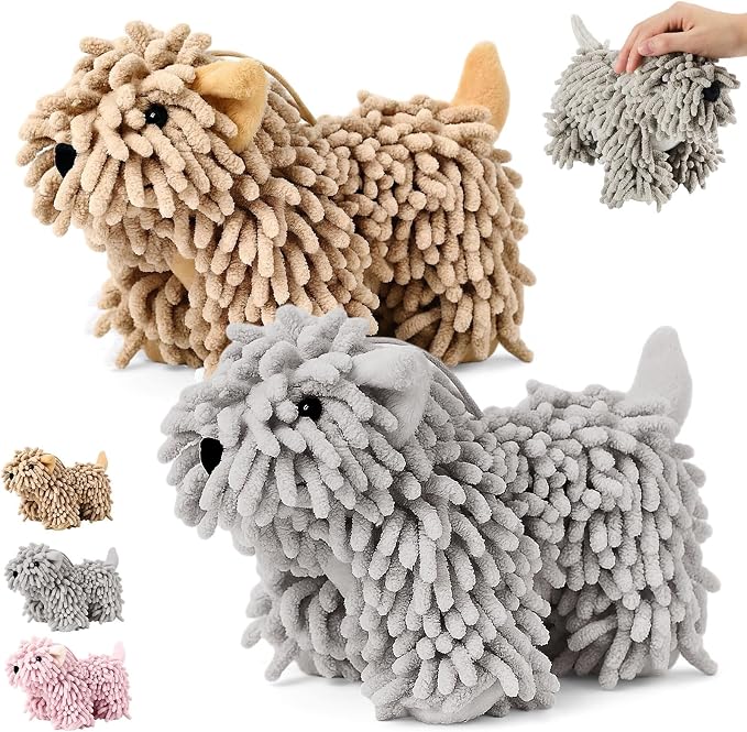 Tegeme 2 Pcs Chenille Dog Hand Towel Fuzzy Towel Absorbent Microfiber Soft for Bathroom Kitchen Washstand (Grey Brown,Standing Dog)