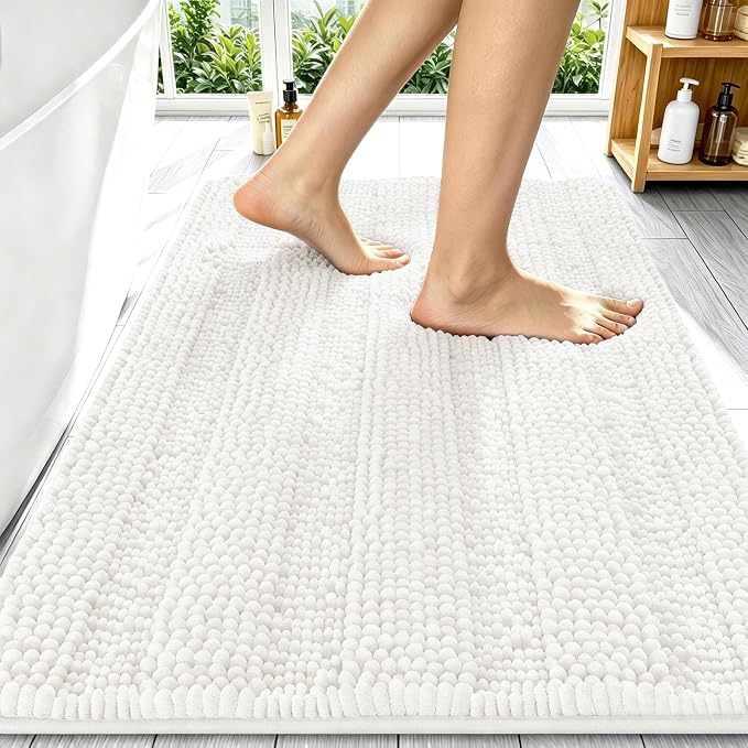 Smiry Thick Chenille Bathroom Rugs 34x21, Extra Soft Absorbent Striped Bath Mat, Machine Washable, Rubber Backing, Bath Rugs for Bathroom, Tub & Shower, Modern Home Decor Accessories, Ivory