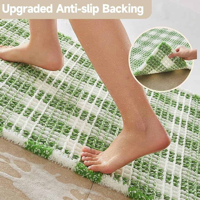 TYUU Waffle Bath Mat, Boho Bathroom Rugs Non Slip Washable Absorbent Checkered Bathroom Mat Quick Dry Cute Christmas Bath Mat, 30"x20" Green and White