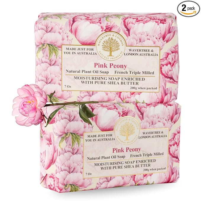 Wavertree & London Pink Peony Scented Natural Soap (2 Bars), 7oz Moisturizing French Triple Milled Soap Bars enriched with shea butter - Pure Plant Based Bath & Body Bars for All Skin Types
